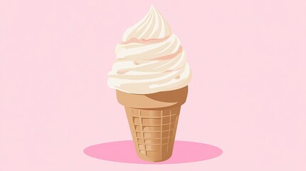 A flat vector illustration of a vanilla ice cream cone with soft beige and white swirls, set against a pink background for a charming and playful aesthetic. 