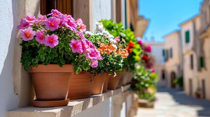 Fototapeta premium Colorful flower pots in a sunlit street, vibrant blooms creating a lively atmosphere in a quaint, charming village.