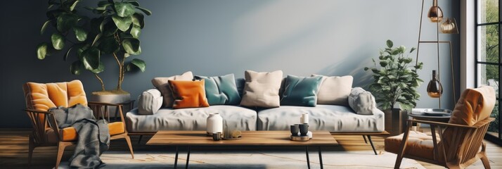 Living Room. Modern Illuminated Living Room Interior, Sleek and Stylish Design with Contemporary Furnishings and Bright Lighting, Home Decor Concept with Copy Space. Real Estate Concept. Hotel Concept