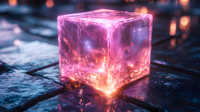 Glowing translucent cube with a futuristic neon pink hue resting on a wet, reflective surface, emitting a mysterious and sci-fi-inspired light