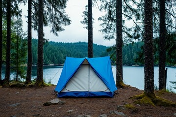 Lakeside Camping Tent Adventure - Tranquil camping scene, blue tent by a serene lake, surrounded by tall trees, symbolizes peace, nature, adventure, escape, and relaxation
