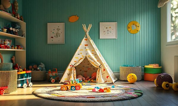 Cozy children's playroom featuring a colorful teepee, toys scattered around, and warm sunlight