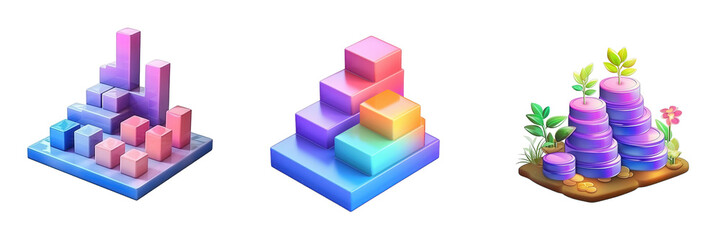 Fototapeta premium Colorful 3D cubes, steps, and coral isolated on white or transparent png