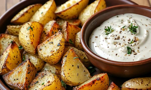 Crispy roasted potatoes served with creamy dip, garnished with herbs, on a rustic wooden table