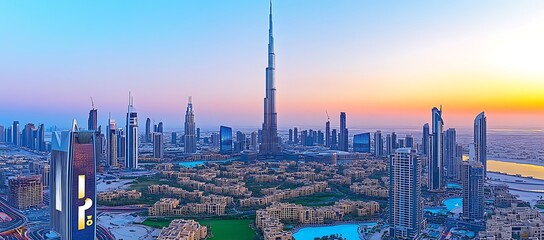 High angle view of modern city skyline at dusk