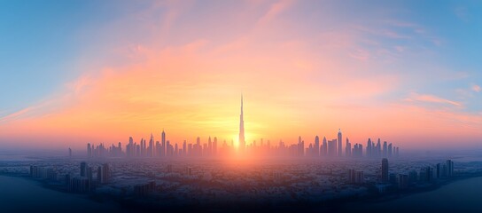 A beautiful skyline of a city during a colorful sunset