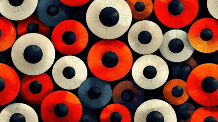 Fototapeta premium Vibrant Circular Patterns with Bold Red, Orange, Black, and Cream Colors on a Dark Background
