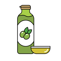 Olive oil bottle and olive oil icon. Vector.
