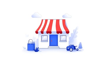 A simple storefront illustration with awning and shopping details