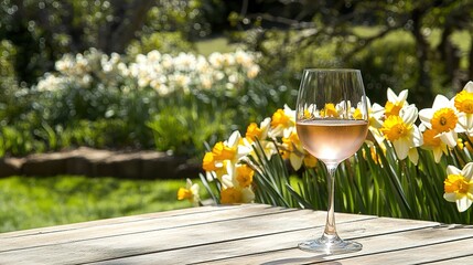 Elegant glass of rosé wine on wooden table with beautiful blooming daffodils in bright spring garden with blurred background, sunny day vibes