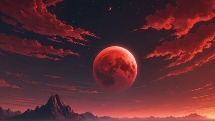 Red moon eclipse over a desolate landscape with a lone figure. Dramatic, surreal design perfect for fantasy, conceptual, or background themesز