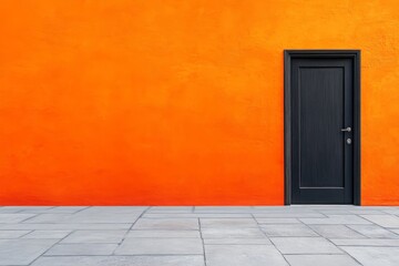 Orange Wall Black Door - A black door stands out against a vibrant orange wall, creating a striking contrast. The scene is simple yet visually appealing
