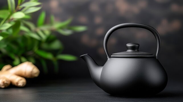 A sleek black teapot rests on a dark surface, accompanied by fresh ginger and lush green foliage in the background, This image can be used for culinary blogs, wellness articles, or product promotions