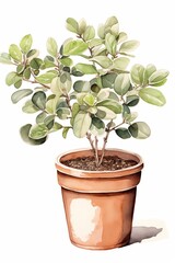 Fototapeta premium Watercolor Illustration of a Mistletoe Fig Plant with Variegated Leaves in a Terracotta Pot on a White Background
