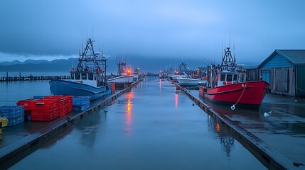 Fishing boats line the calm dock in the early morning darkness