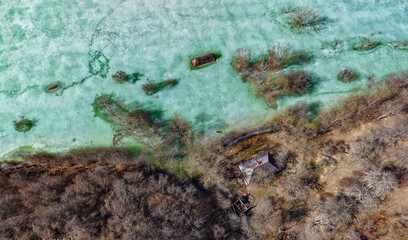 Drone image of the nature pollution and water contamination of the copper mine exploitation in Geamana, near Rosia Montana, Romania, Europe	