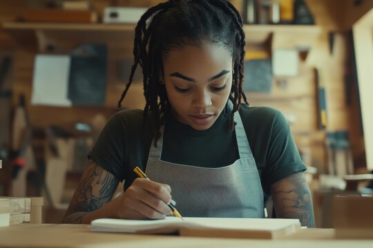 A young African American woman with dreadlocks in a gray apron is in a woodworking studio jotting down notes and organizing a project