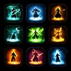 Several illuminated figures demonstrating dynamic elemental power within colorful squares