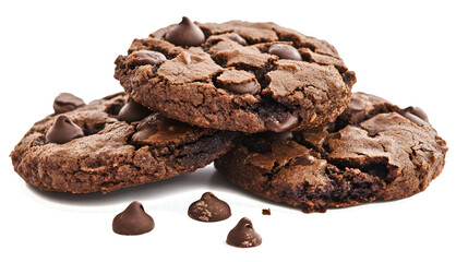 Obraz premium Three chocolate chip cookies stacked on top of each other. The cookies are covered in chocolate chips and appear to be freshly baked