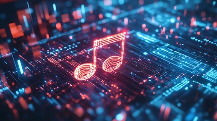 A glowing musical note emerges within a digital circuit board