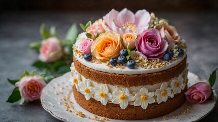 Elegant Floral Naked Cake with Fresh Berries and Roses A beautifully decorated cake topped with fruits and flowers.

