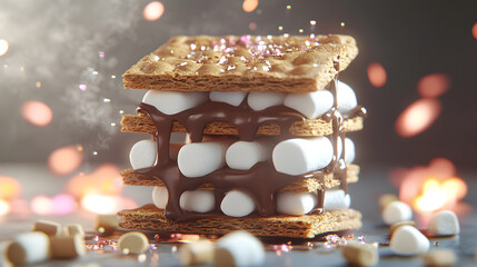 A stack of graham crackers with chocolate and marshmallows on top