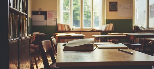 An empty classroom with sunlight streaming through large windows