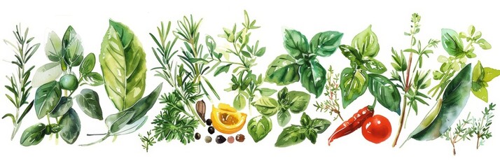 Watercolor painting depicting various culinary herbs, spices, fruits and vegetables in a beautiful colorful and artistic arrangement for decorative culinary purposes