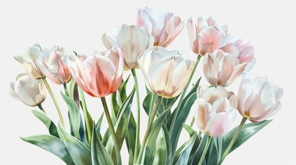 Fototapeta premium Watercolor Painting of a Bouquet of Elegant White and Pink Tulips with Lush Green Leaves on a Plain White Background, Perfect for Springtime Designs