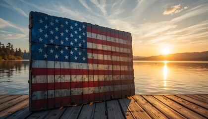 American flag on a floating dock during a sunset over a tranquil lake symbolizing freedom and national pride