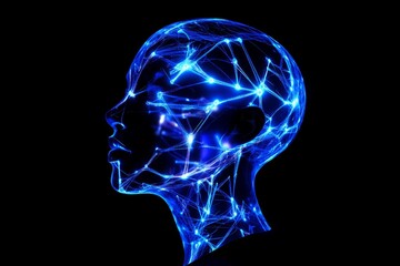 Obraz premium Silhouette: Mind's Network - A silhouette of a human head, illuminated by a network of glowing connections, symbolizing intellect, consciousness, neural pathways, innovation