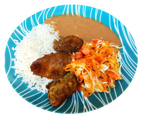 Brazilian meal known as prato feito with chicken liver, rice, bean broth and salad.