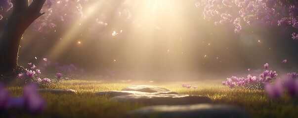 A beautiful garden scene with flowers and a stone path