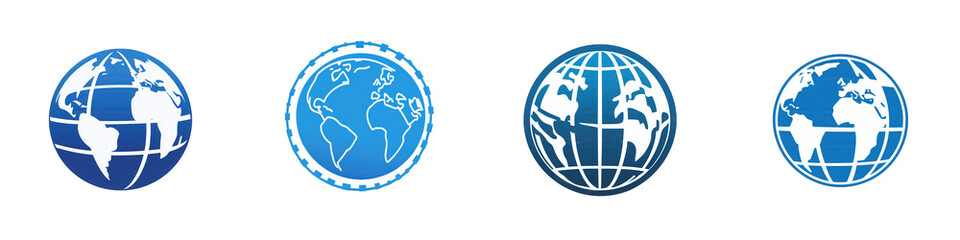 Four globe icons, blue and white isolated on white or transparent png