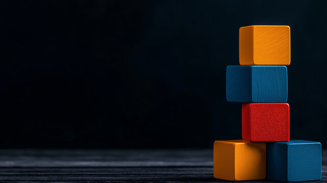 Colorful wooden building blocks stacked on dark wooden surface create playful and vibrant scene. bright colors of blocks contrast beautifully with dark background, evoking creativity and fun