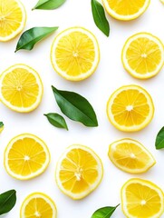 Sliced Lemons and Green Leaves - A vibrant flat lay showcasing juicy lemon slices arranged with fresh green leaves on a white background. Perfect for recipes, health, and summer themes