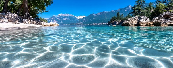 Clear blue water reflects sunlight in a scenic lake setting