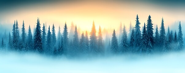 Dense evergreen trees shrouded in a misty cold winter landscape