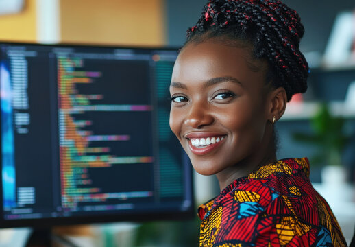A young African woman with braided hair beams with joy as she works on coding projects at a contemporary office. The vibrant traditional attire complements her focused demeanor