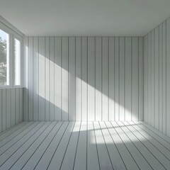 Fototapeta premium Empty Room with White Wood Walls and Floor Sunlight