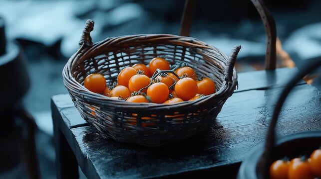 Basket of small orange tomatoes on a wooden table. the basket is made of woven straw and has two handles on either side. the tomatoes are bright orange in color and appear to be ripe and ready to eat.
