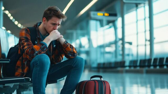 A young man sits alone in an airport terminal, visibly anxious while waiting for his delayed flight with his luggage beside him