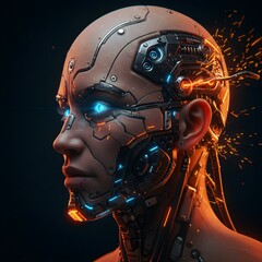 Futuristic Cybernetic Human with Glowing Blue Eyes and Advanced Tech