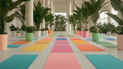 A bright yoga studio surrounded by lush green potted plants