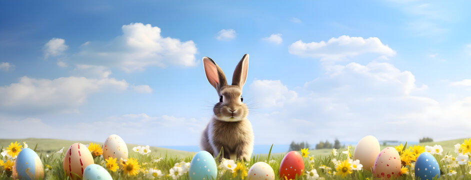 easter vector with bunny sitting on spring meadow among colorful eggs and flowers, blue sky in background