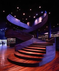 Wooden spiral staircase ascends in a library with shelves of books