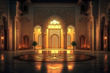 Intricate arches and detailed designs frame a golden doorway illuminating the vast hall