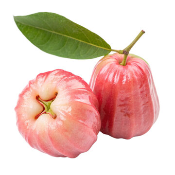 Two Ripe Rose Apples with a Green Leaf Isolated on Black Background