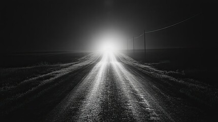A quiet rural road at night, with a single car's headlights shining through the darkness.