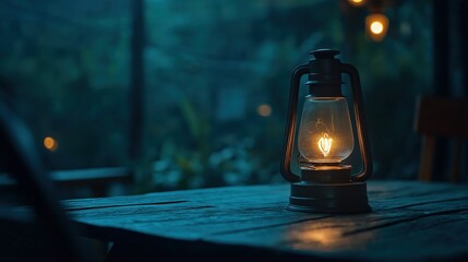 Old-fashioned lantern on a wooden table in a dimly lit room. the lantern is black and has a handle on top and a spout on the side.